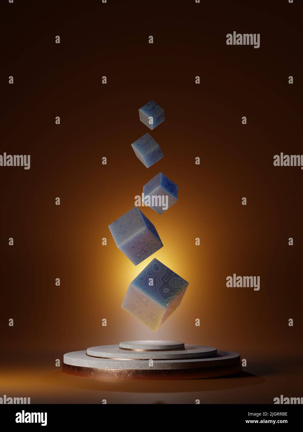 Cubes of blue marble with wavy gold streaks floating over a pedestal. Abstract background. Digital 3D rendering. Stock Photo