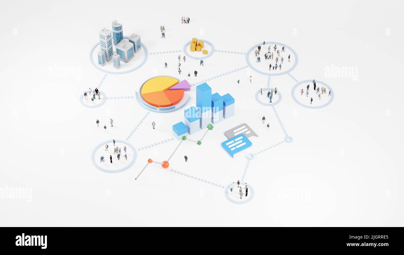 Big data analytics, abstract concept. Graphs and charts showing information and groups of people on a white background. Digital 3D rendering. Stock Photo