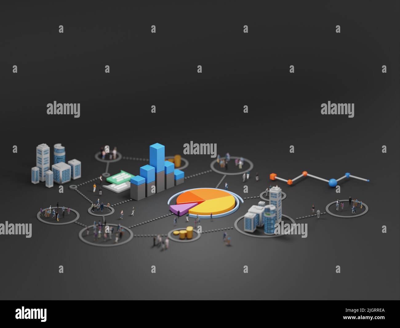 Big data analytics, abstract concept. Graphs and charts showing information and groups of people on a black background. Digital 3D rendering. Stock Photo