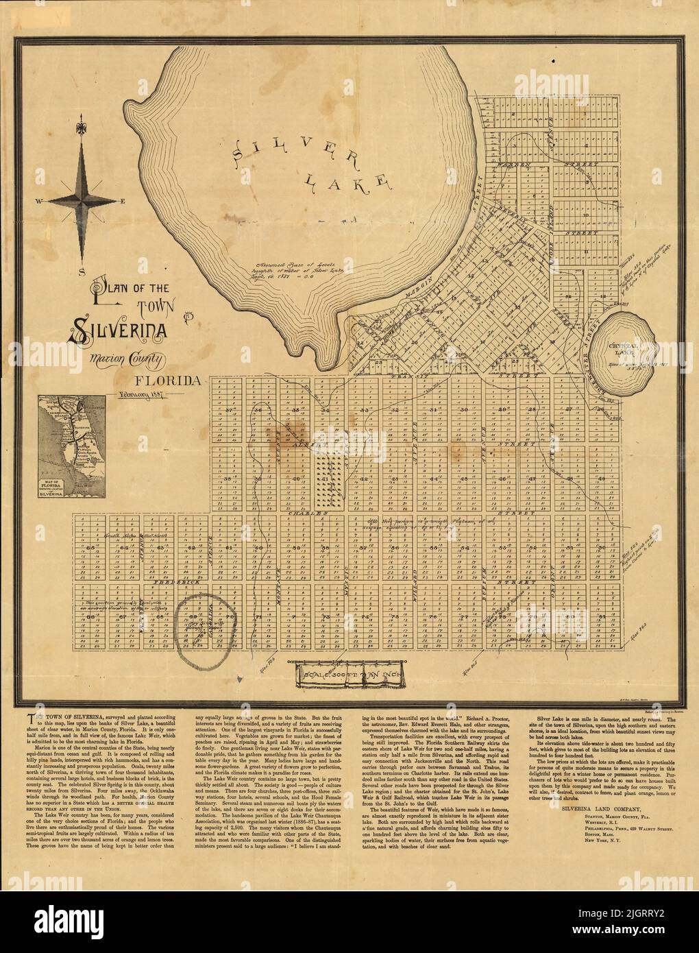 Plan of the Town of Silverina, Marion County, Florida, 1887, Silverina Land Company Stock Photo