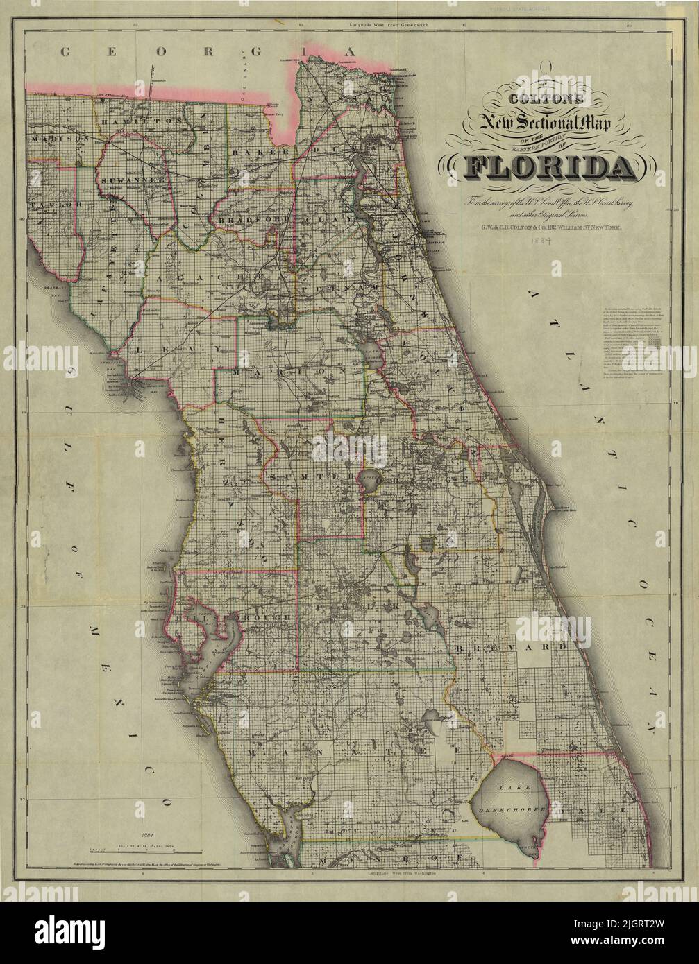 Sectional Map of the Eastern Portion of Florida, 1884, by G. W. and C. B. Colton Stock Photo