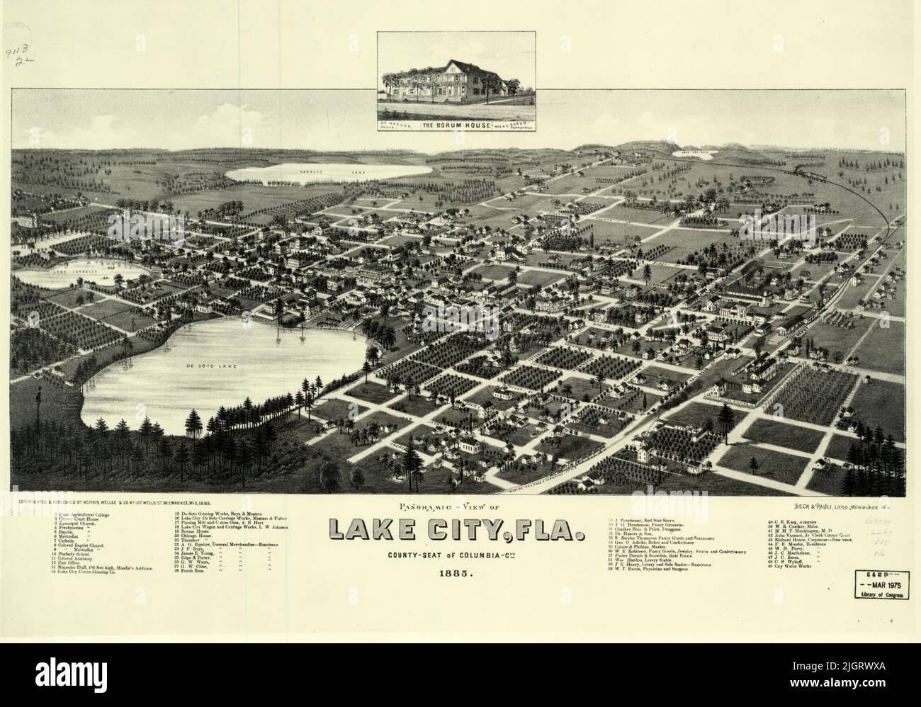 Bird's Eye Panoramic View of Lake City, Florida, Seat of Columbia County, 1885, by Norris, Wellge and Company Stock Photo