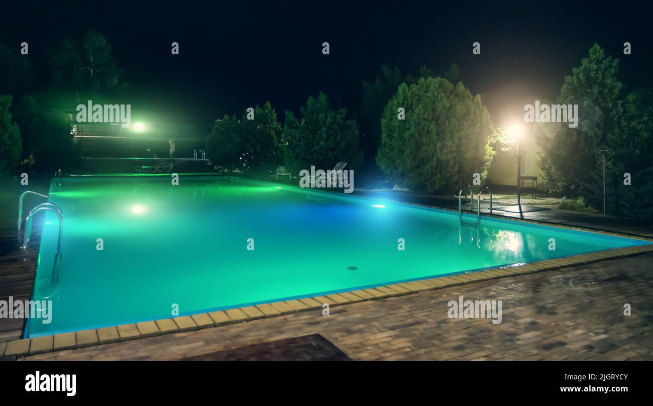 Pool with thermal healing hot springs at night. Stock Photo