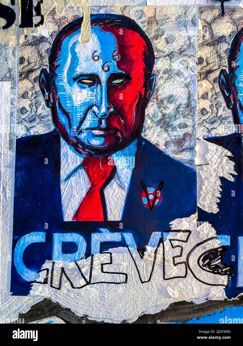 Paris, France, Anti-War, Anti-Putin Portrait Poster, Street Art, on Wall of Squat Building Slogan: 'Die' putin image international Politics Stock Photo