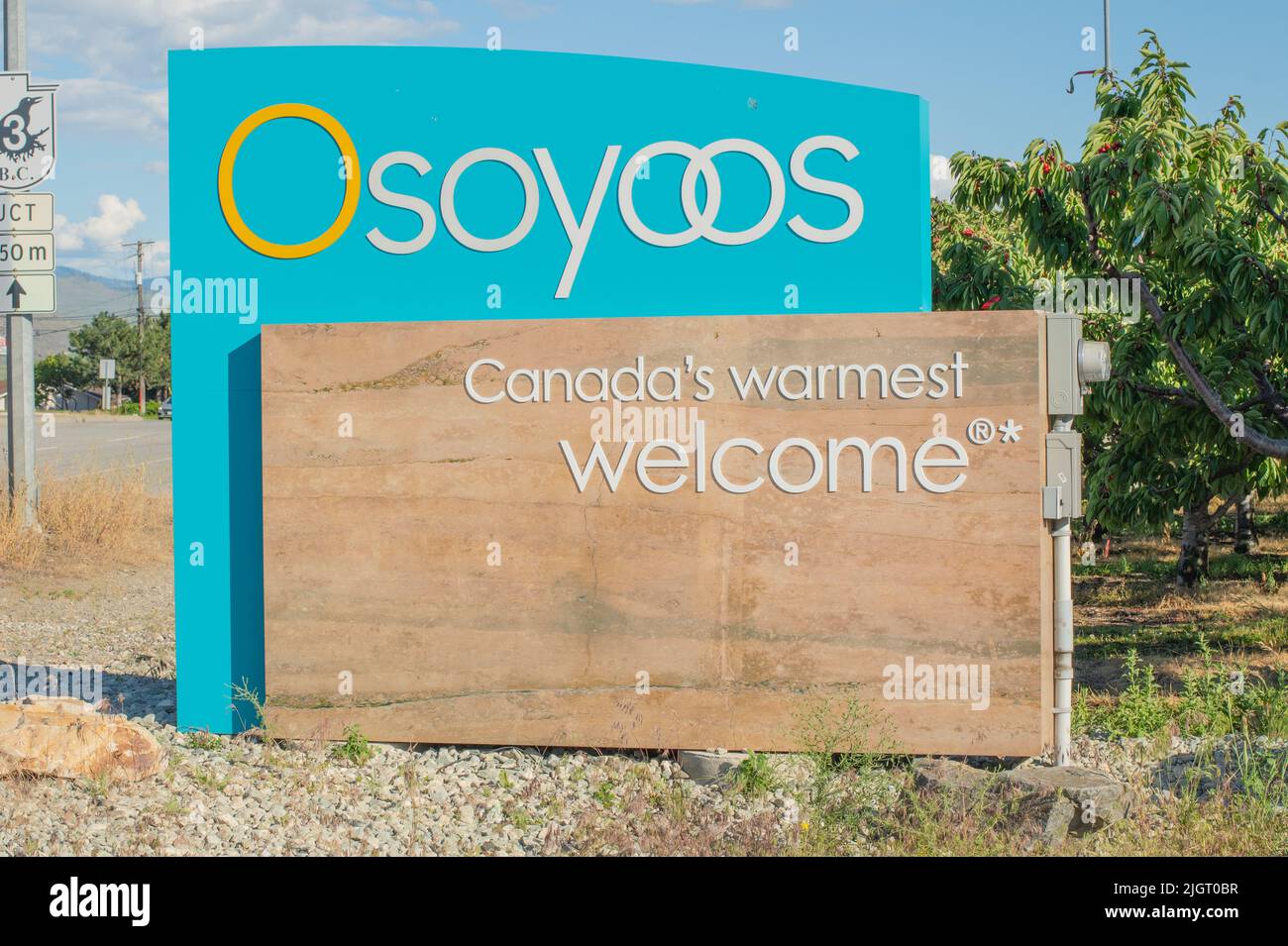 Welcome to Osoyoos sign, Osoyoos, British Columbia, Canada Stock Photo