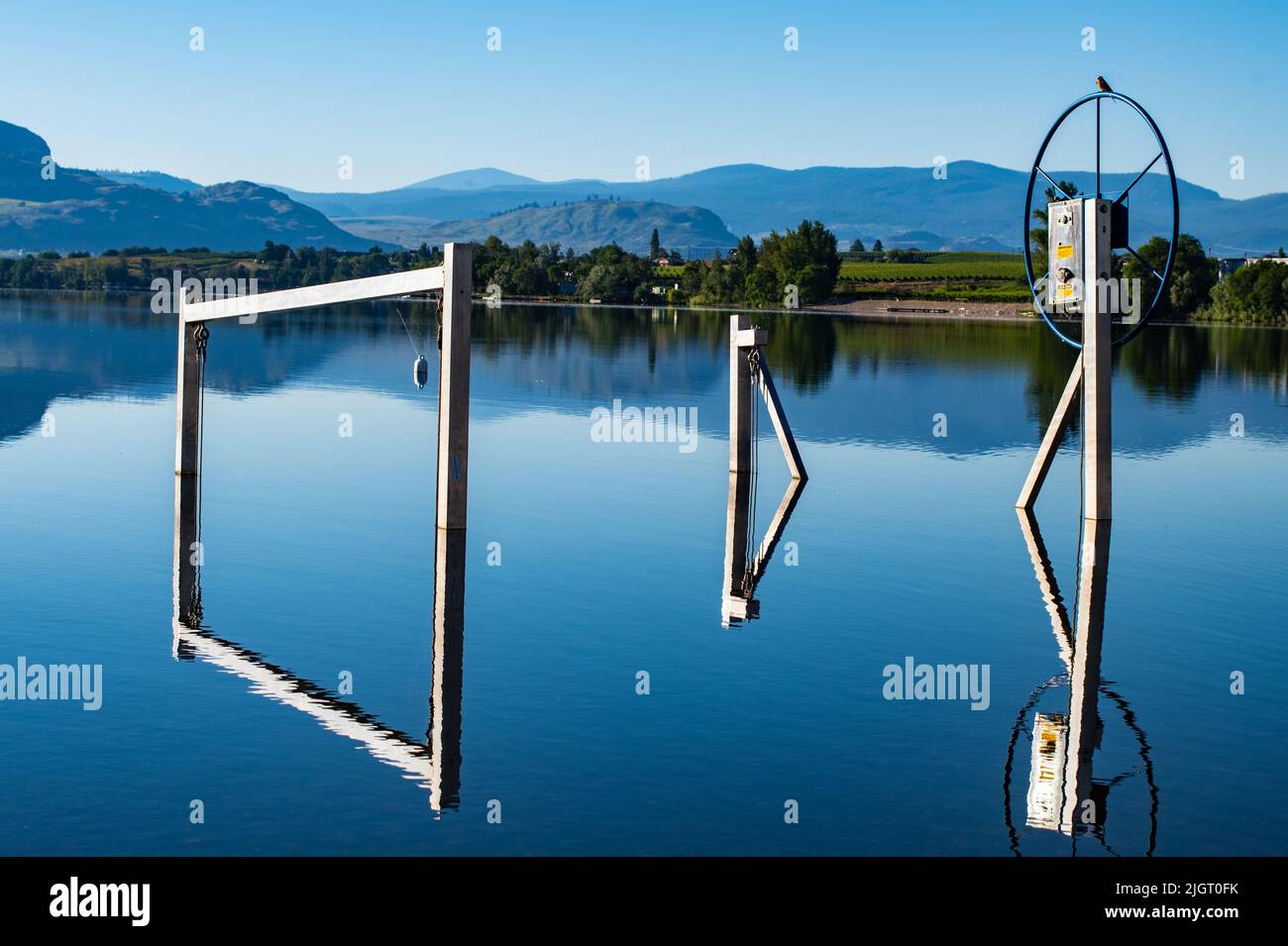 Boat dock in Osoyoos Lake, Osoyoos, British Columbia, Canada Stock Photo