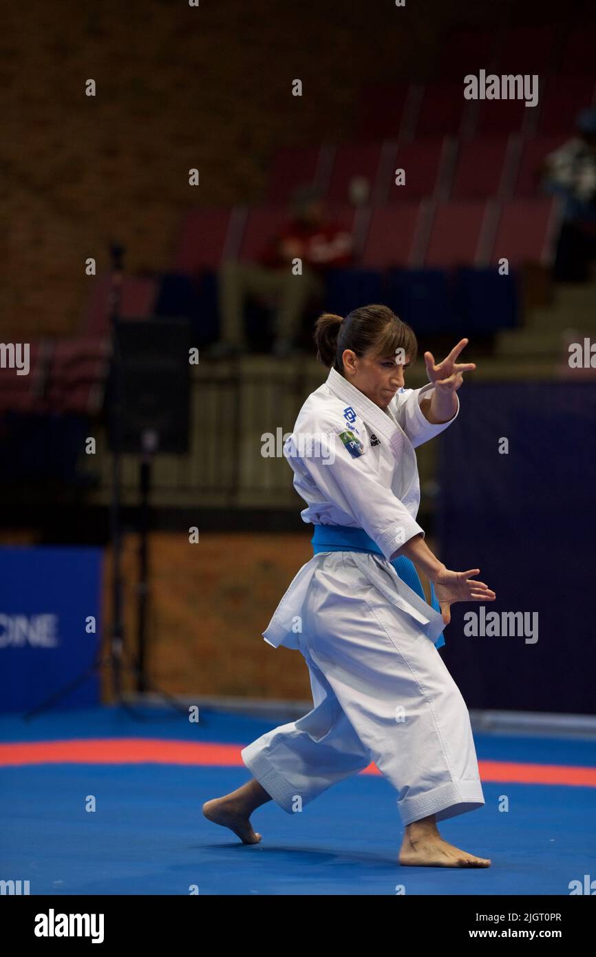Sandra Sanchez Jaime from Spain steps forward with a low block during Karate competition with
