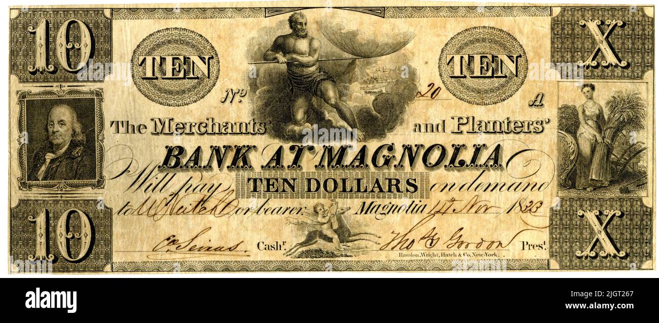Ten dollar Merchants' & Planters' Bank at Magnolia note issued in 1833