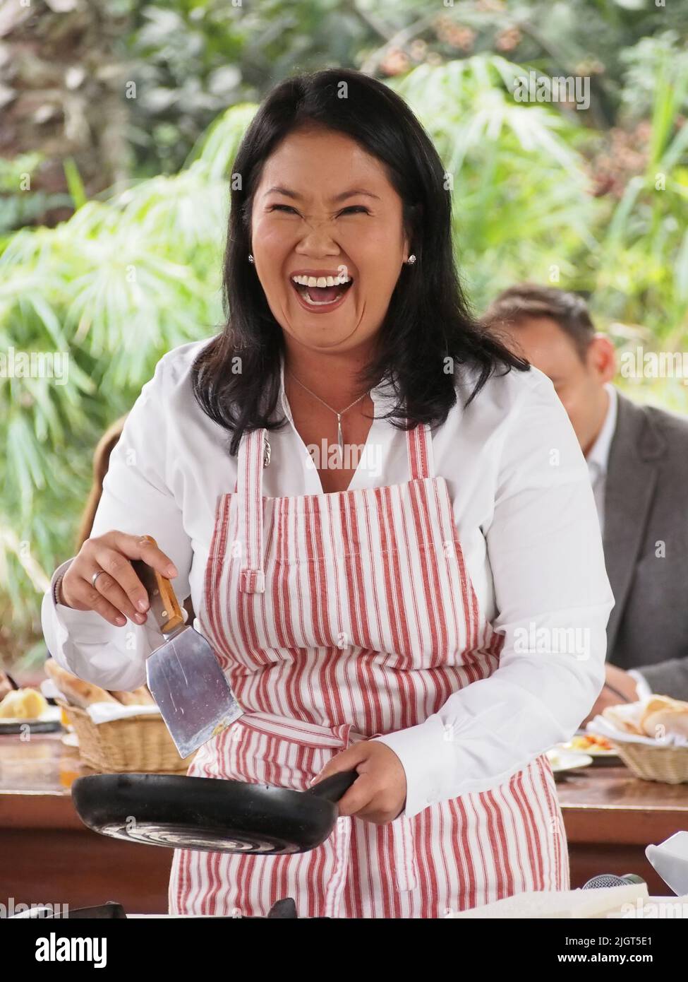 Keiko Fujimori had today, in elections day, breakfast with her family and the accredited press before heading to cast her vote. Stock Photo