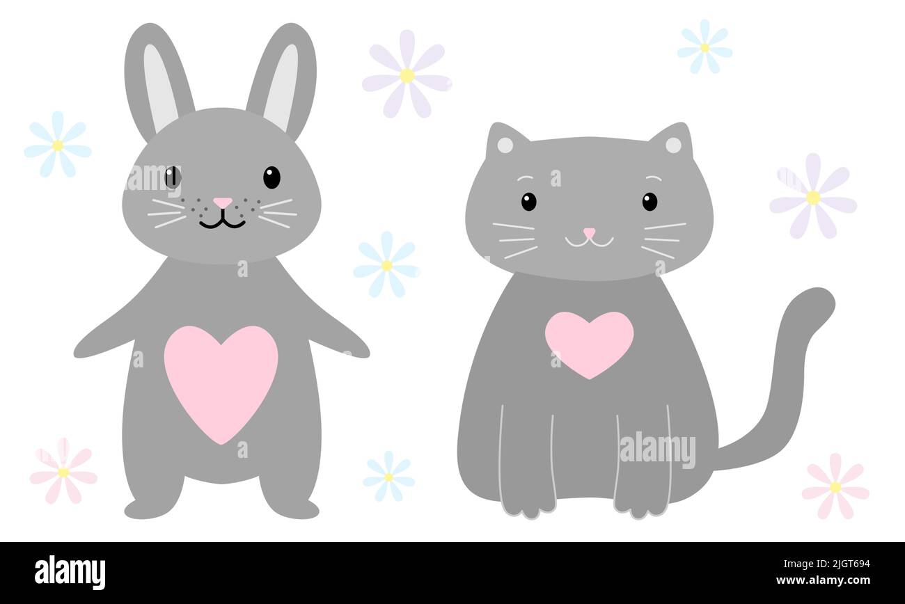 Cat And Rabbit Designs Gray cat and rabbit are made in the same style with pink hearts on ...