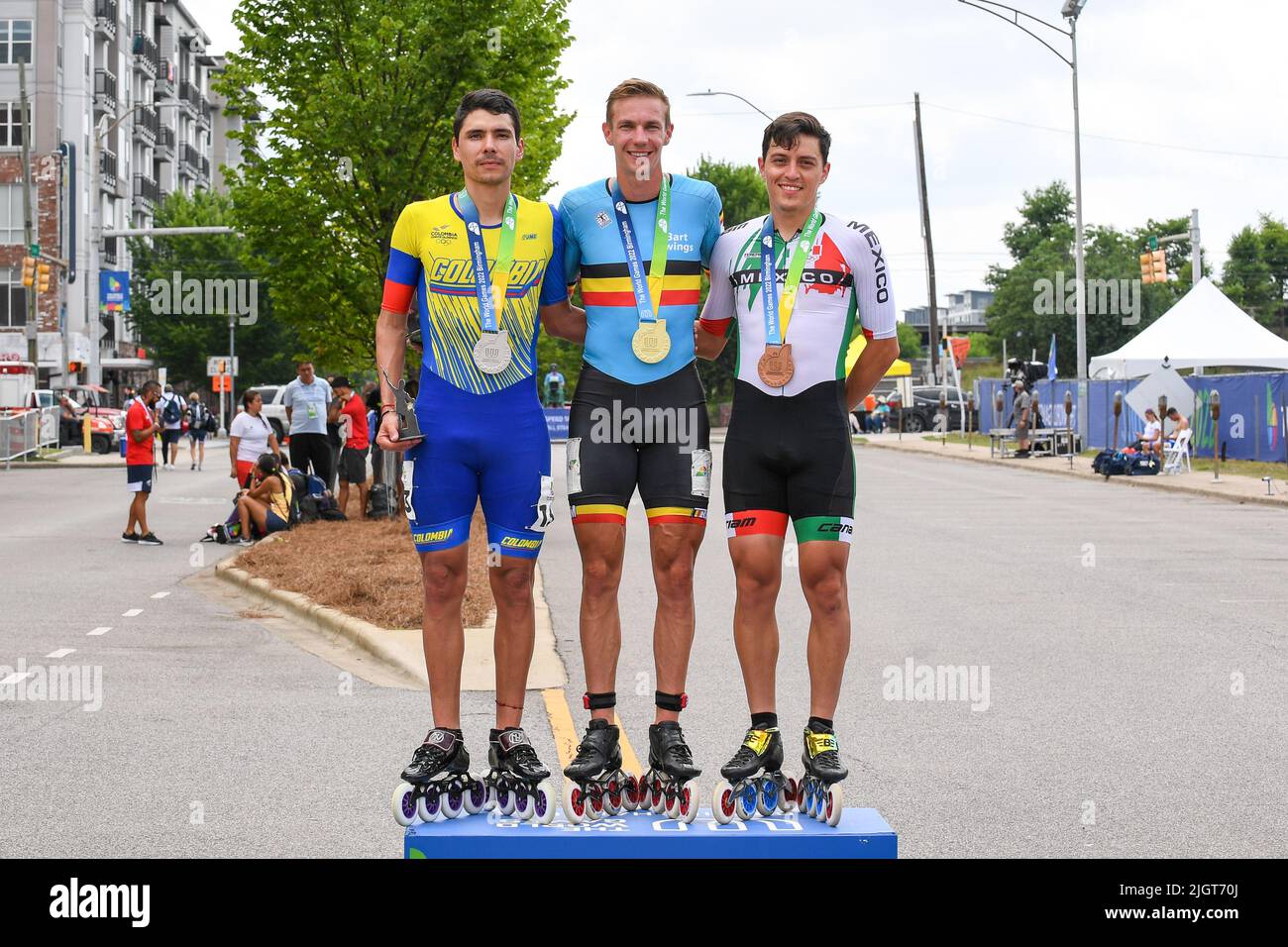 Birmingham, AL, USA. 10th July, 2022. The winners of the Men's 10,000M Speed Skating (Road) event are from left to right; Daniel ZAPATA MARTINEZ of Colombia (Silver Medal), Bart Rene SWINGS of Belgium (Gold Medal), and Mike Alejandro PAEZ CUELLAR of Mexico (Bronze medal), at The World Games 2022 on July 10, 2022 at Powell Avenue Steam Plant in Birmingham, AL. Photo by Kevin Langley/CSM/Alamy Live News Stock Photo