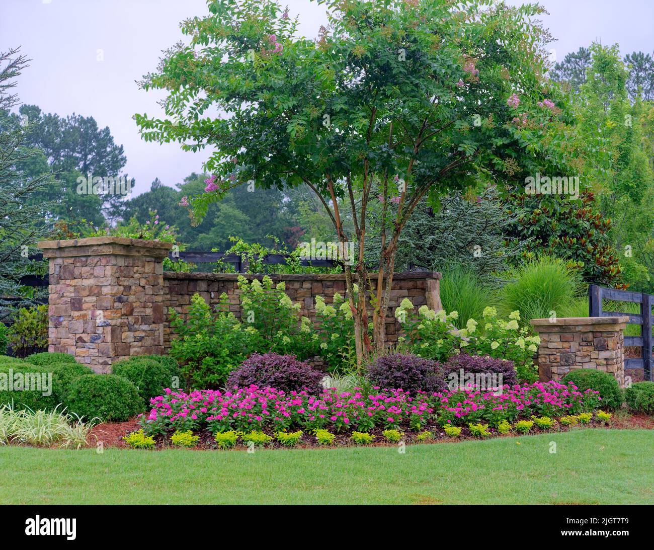 Landscaped Entrance to Residential Neighborhood Stock Photo
