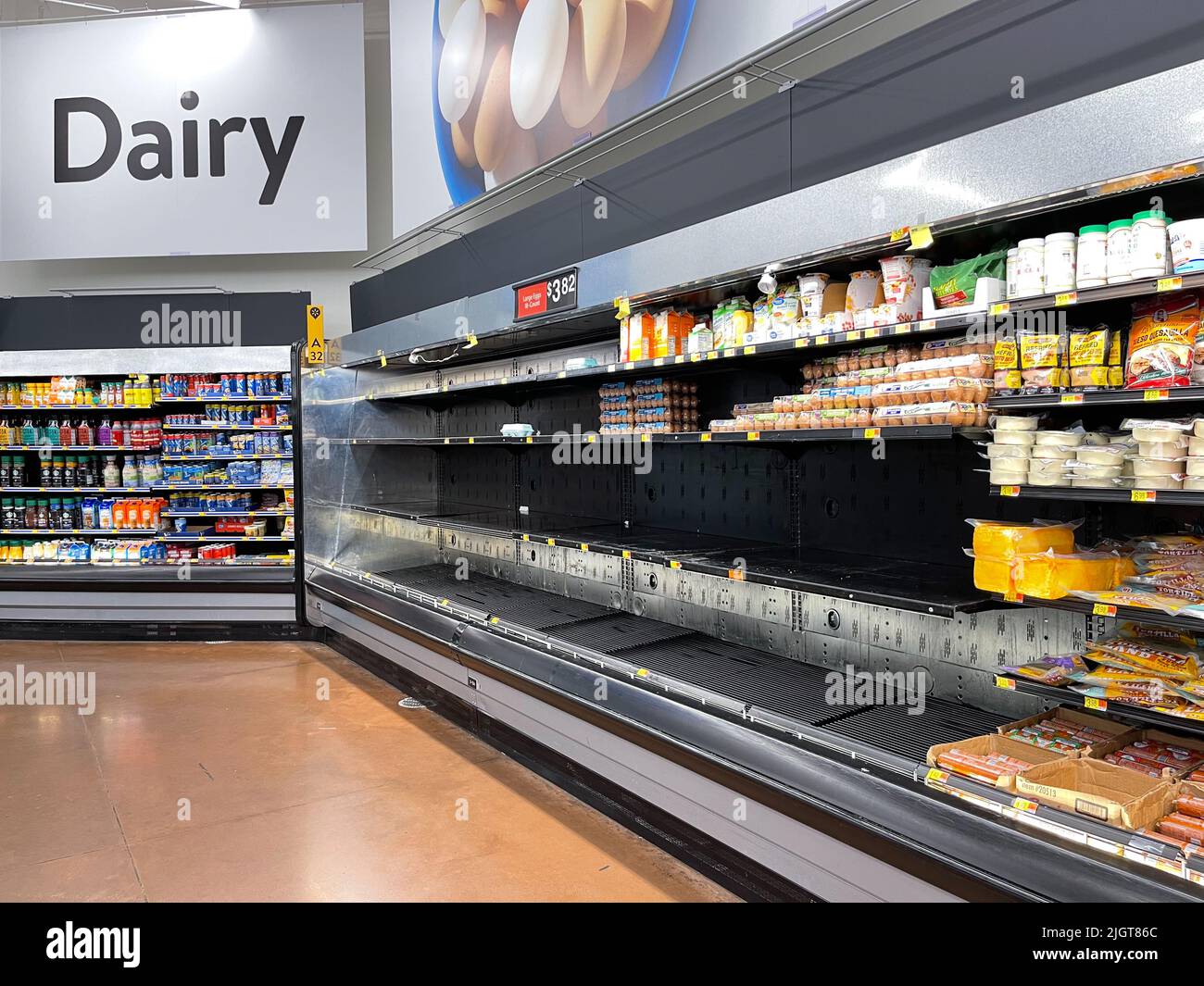 Empty shelves at Walmart. Food shortage. Stock Photo