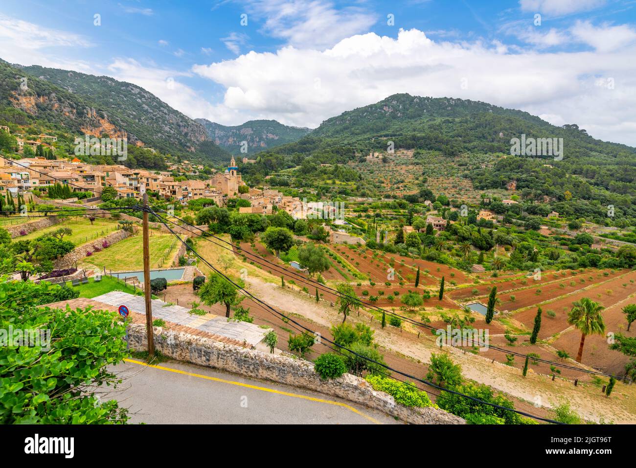 HIllside view of the Soller Valley and the picturesque villages of Valldemossa, Spain, on the island of Mallorca. Stock Photo