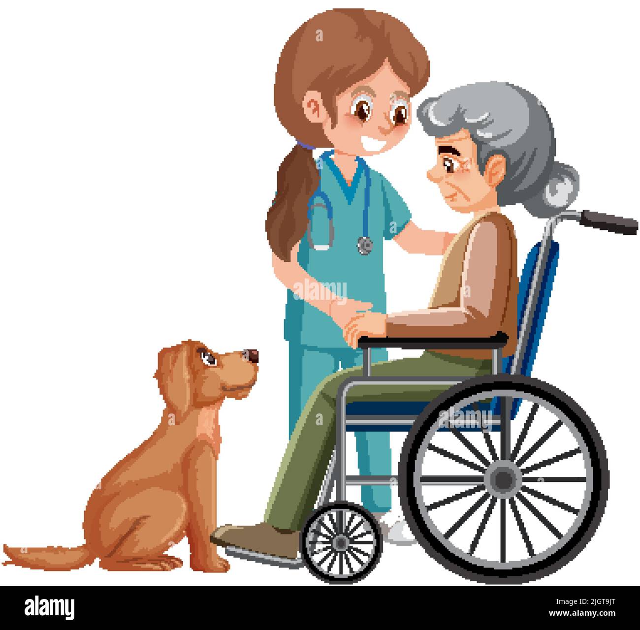Elderly woman in wheelchair and nurse