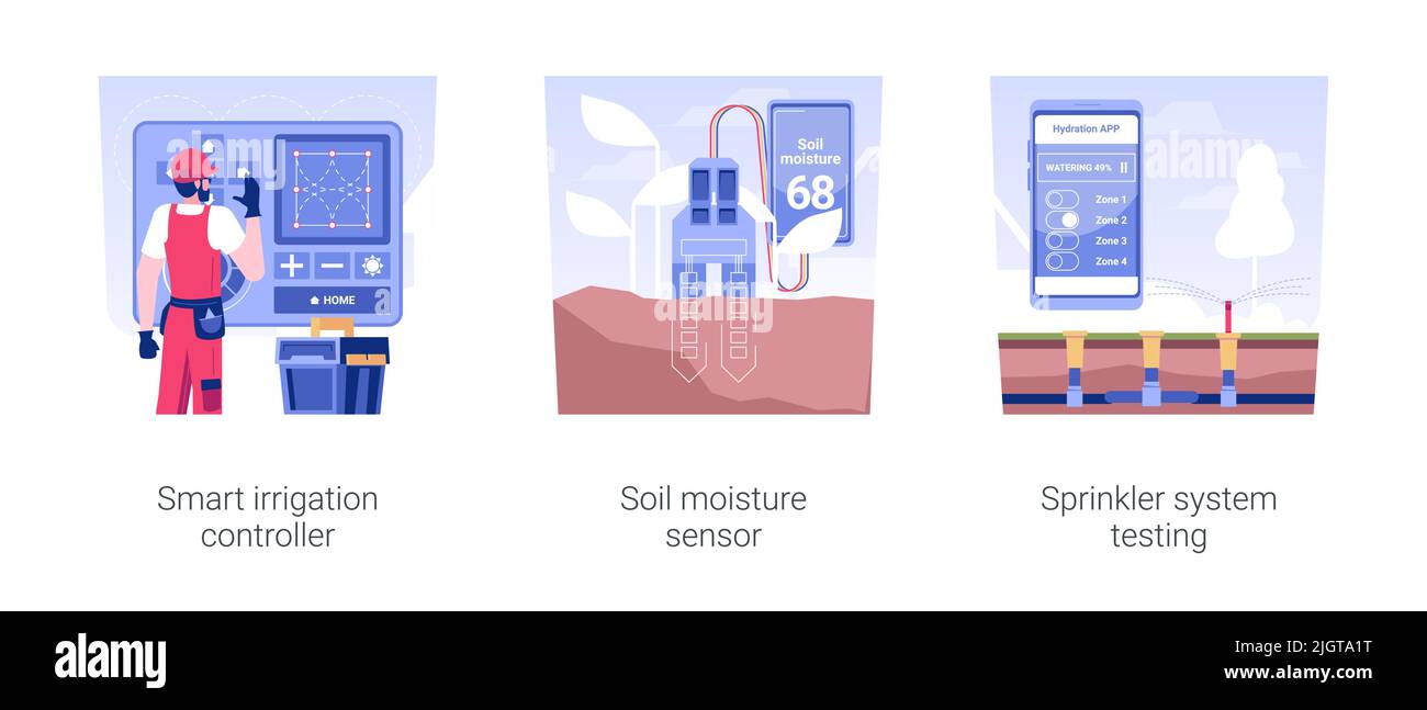 Irrigation system components isolated concept vector illustration set