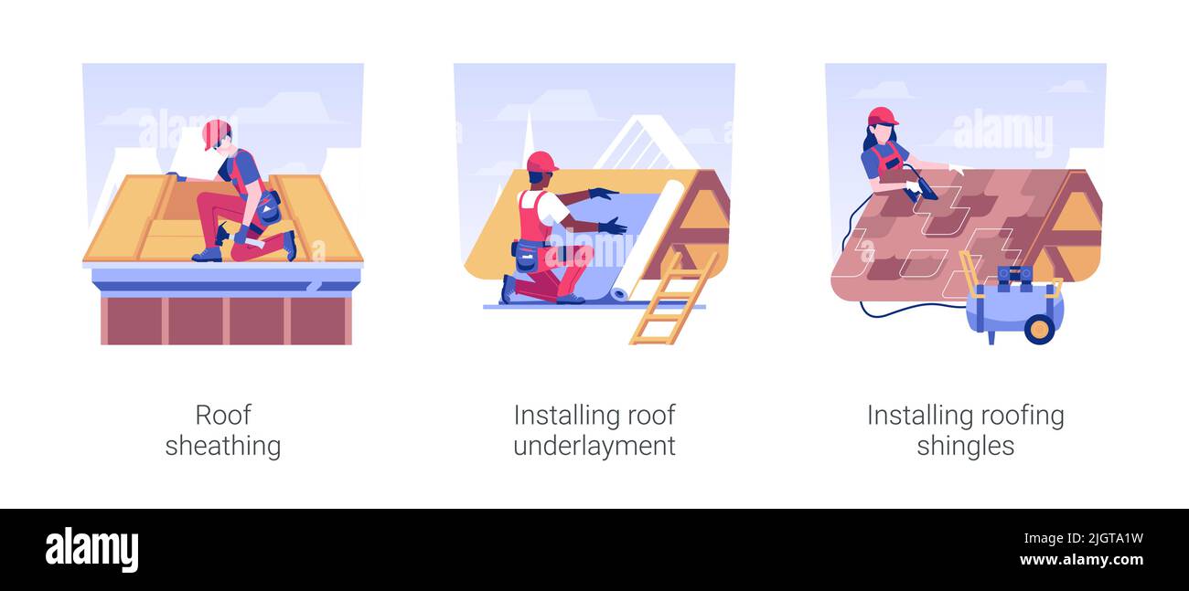 Private house roofing isolated concept vector illustration set. Roof sheathing, installing roof