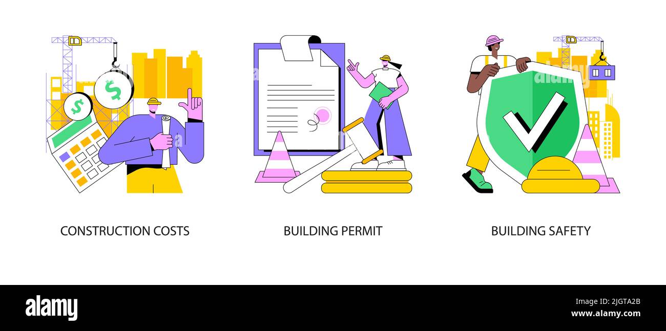 Construction business abstract concept vector illustration set. Construction costs, building