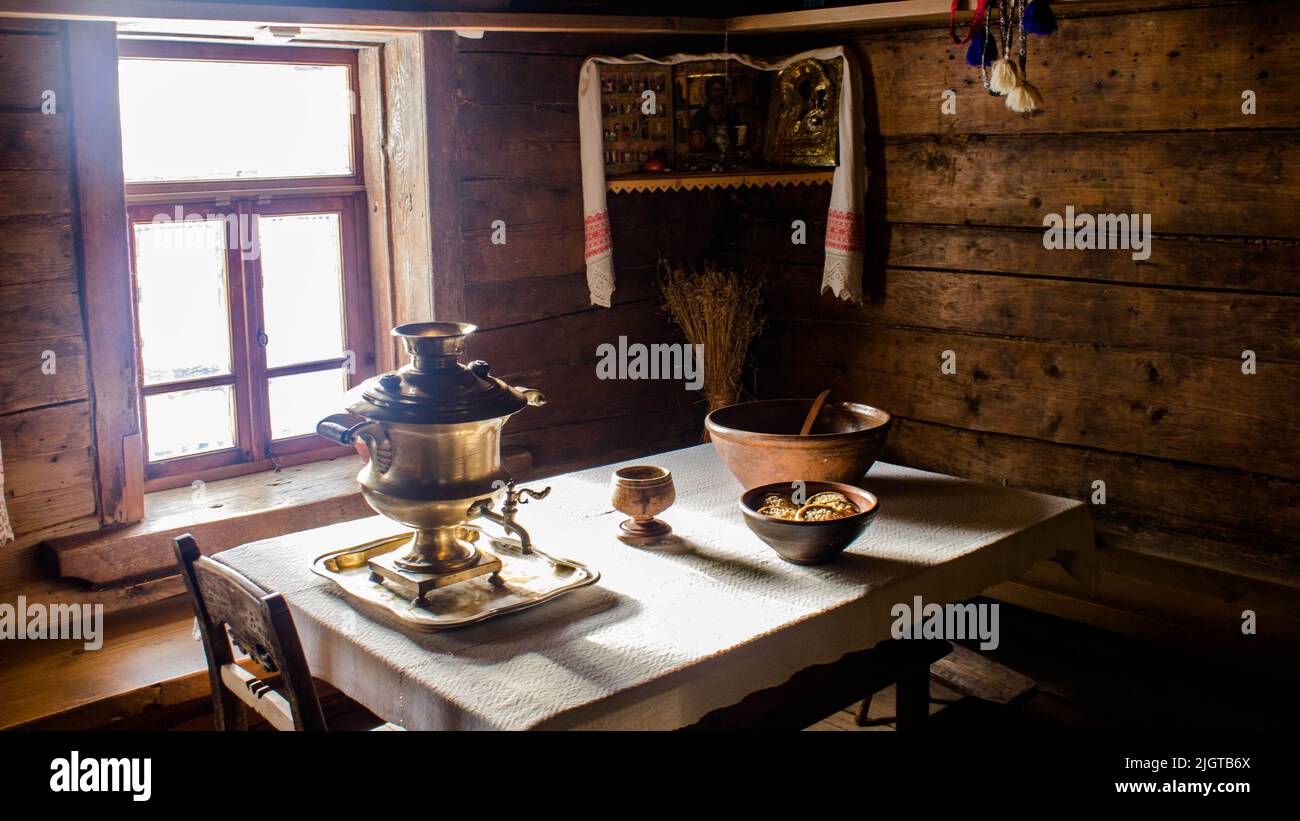 A Traditional russian table in a wooden house Stock Photo