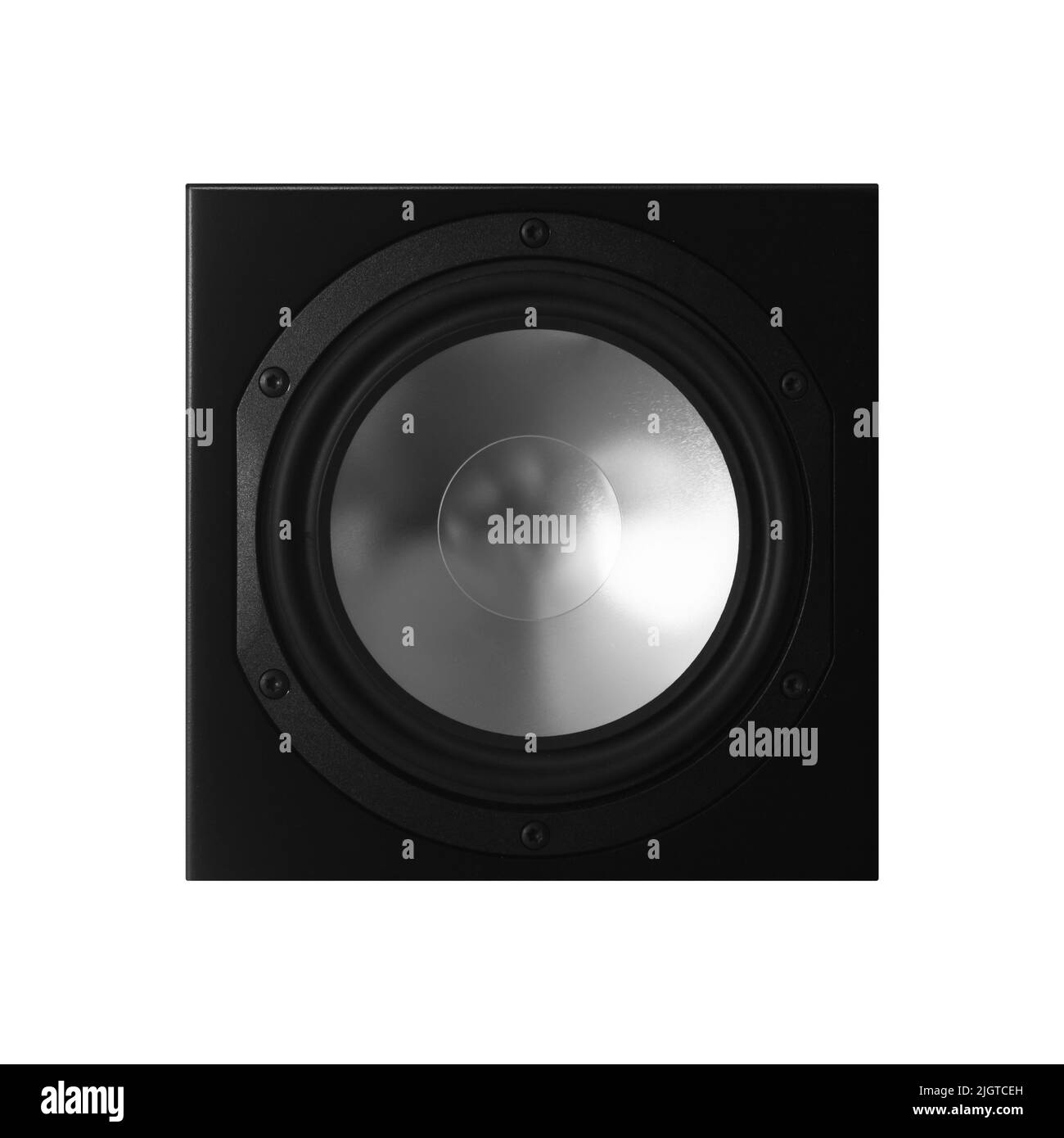 Audio speaker in black body, subwoofer front view isolated on white background Stock Photo