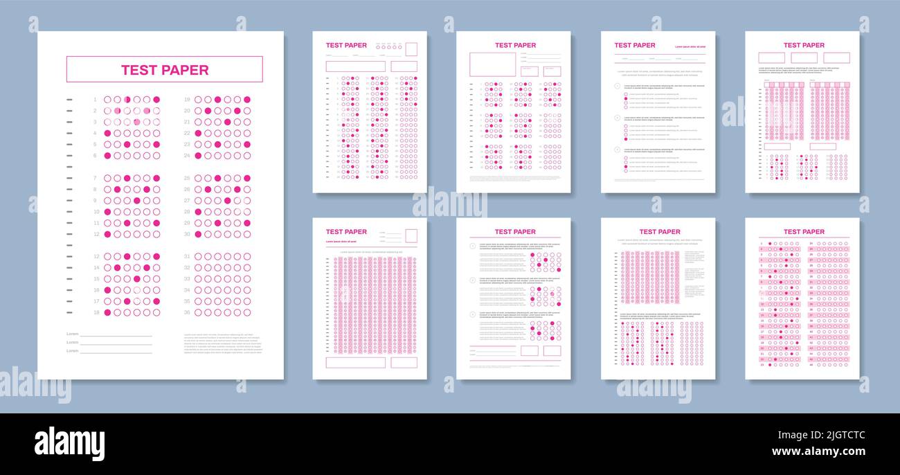 Realistic test paper answers set with red colored sheets of solved exam