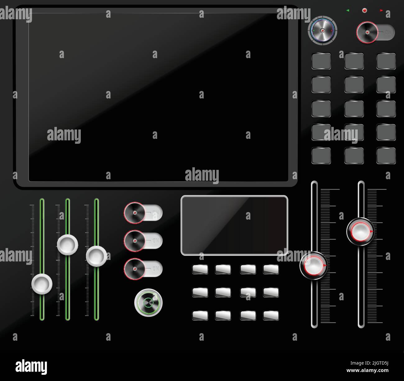 Dashboard elements realistic composition with flat view of control panel with big screen knobs and switches vector illustration Stock Vector