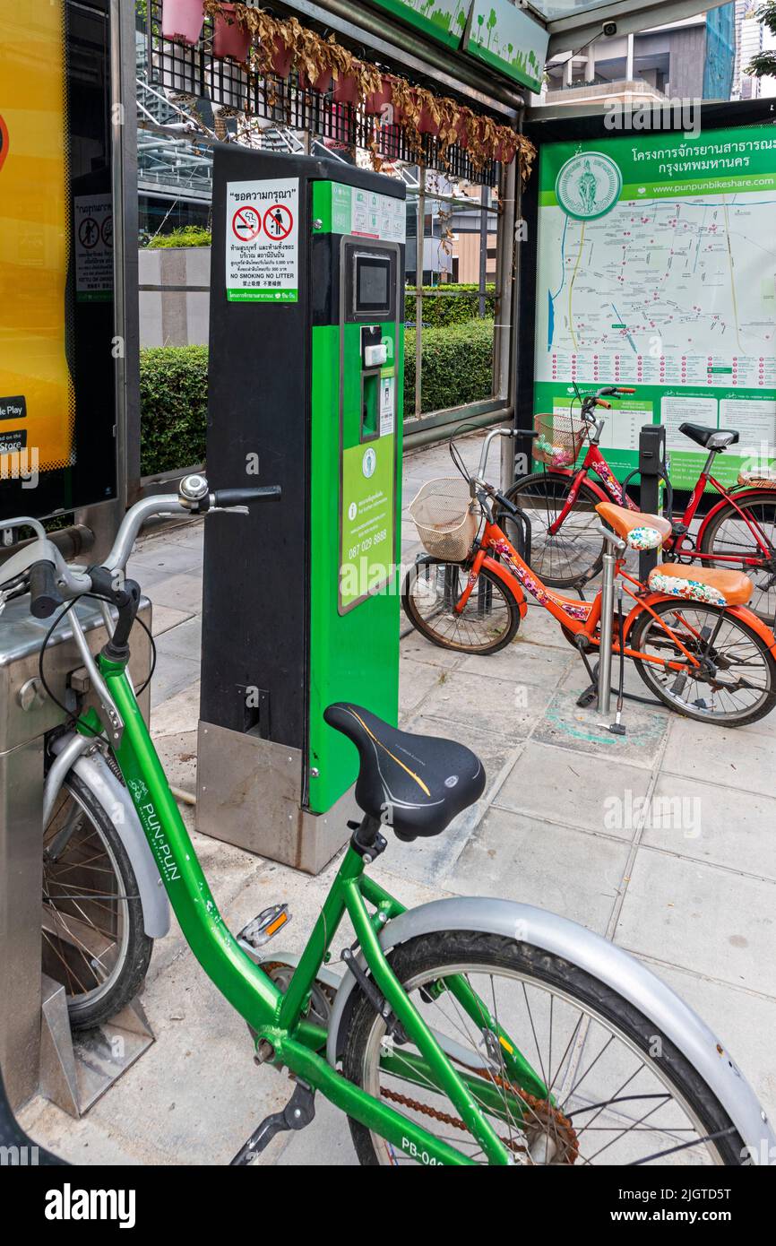 Bicycle and docking station, Sathorn, Bangkok, Thailand Stock Photo