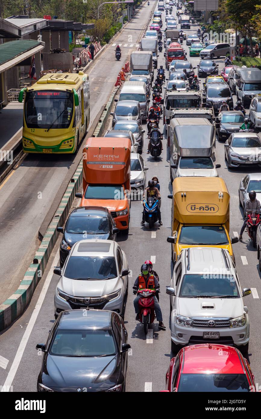 Bus Rapid Transit lane and traffic jam, Sathorn, Bangkok, Thailand