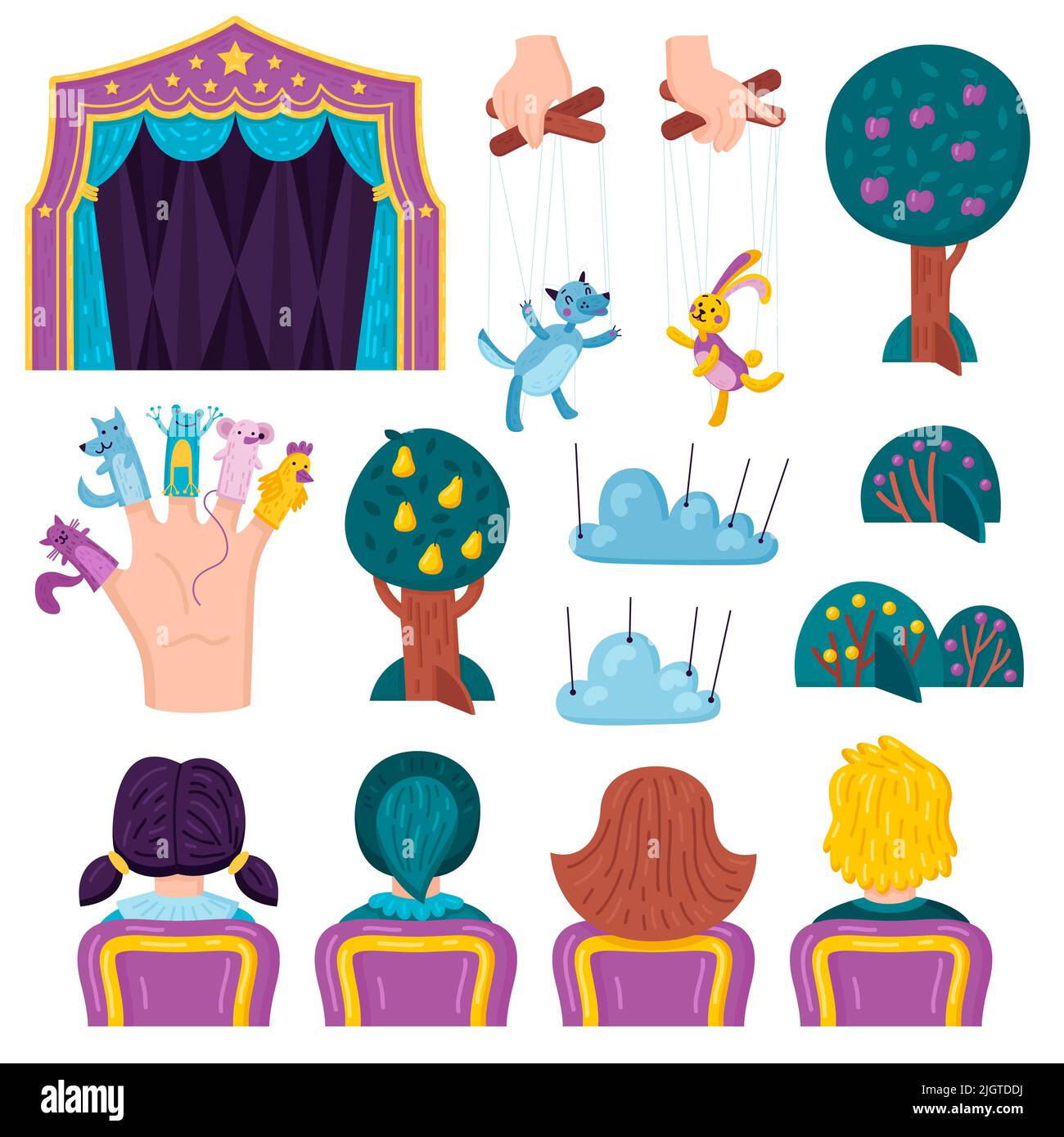 Children puppet theater set with rear view of kids on seats with stage