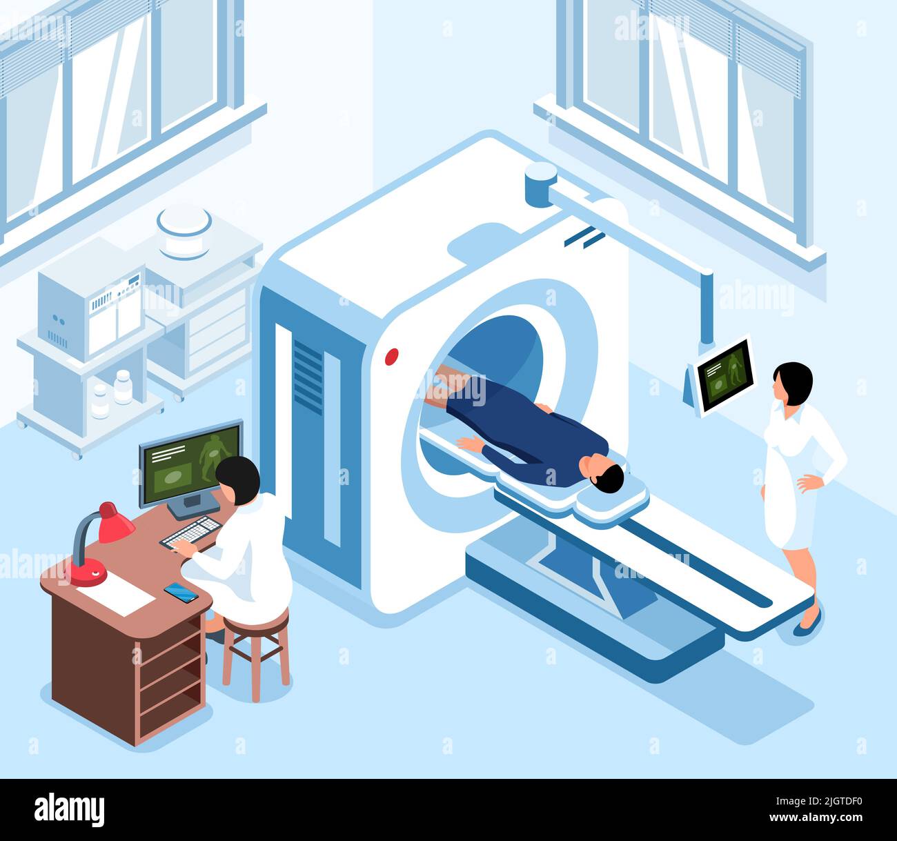 Isometric scan diagnostic composition with two doctors in the office