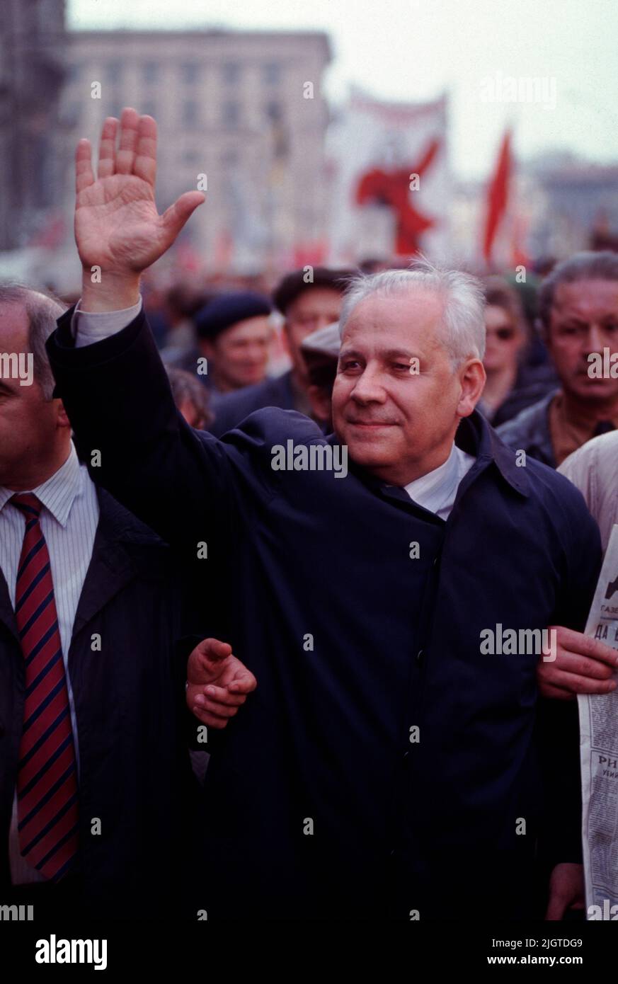 Anatoly Ivanovich Lukyanov ( Анатолий Иванович Лукьянов,1930 – 2019) Lukyanov waves to the crowd during a Pro-communist anti-Yeltsin demonstration in central Moscow, Russia, April 1992.  He was the Chairman of the Supreme Soviet of the USSR from 1990 to 1991 and was one of the founders of the Communist Party of the Russian Federation. Stock Photo
