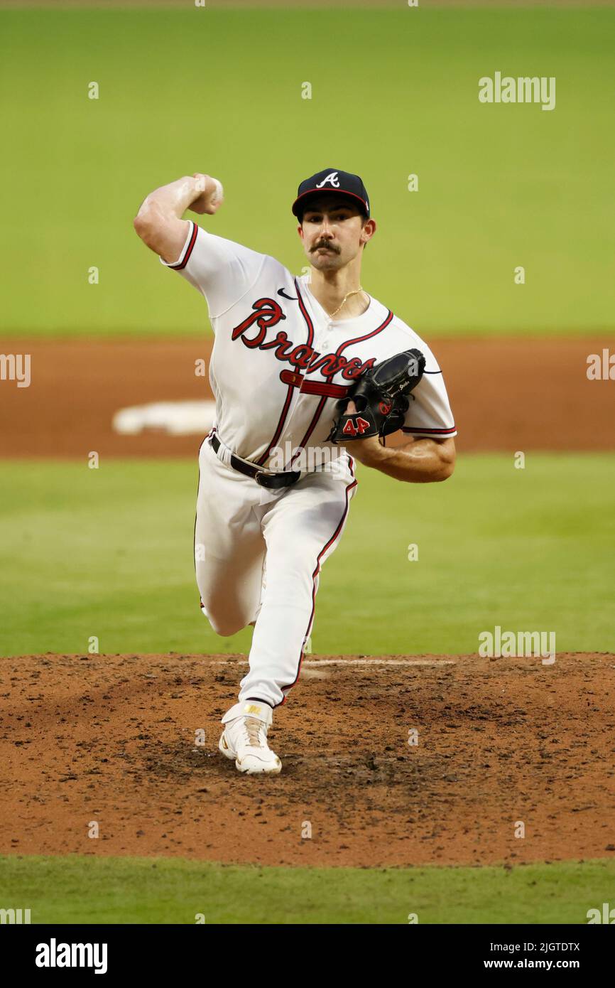 ATLANTA, GA - JULY 12: Braves mascot Blooper entertains the fans during the  Tuesday evening MLB game between division rivals the Atlanta Braves and the  New York Mets on July 12, 2022