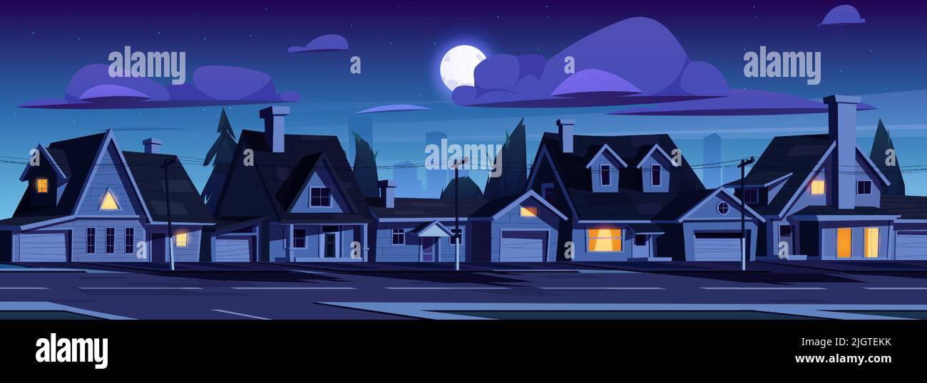 Suburb houses, night suburban street with residential cottages and city skyline, countryside two storey buildings with garages. Home facades, moon and stars in dark sky. Cartoon vector illustration Stock Vector