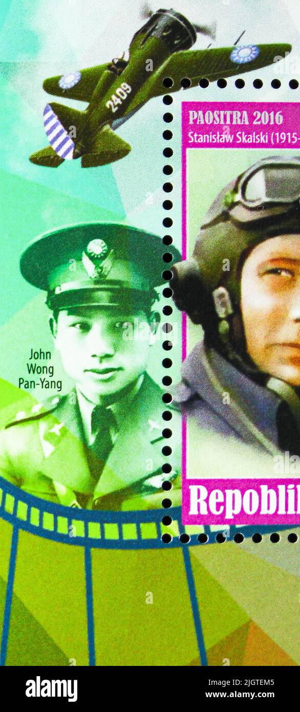 MOSCOW, RUSSIA - JUNE 17, 2022: Postage stamp printed in Madagascar shows John Wong Pan-Yang, The aces of the second world war serie, circa 2016 Stock Photo