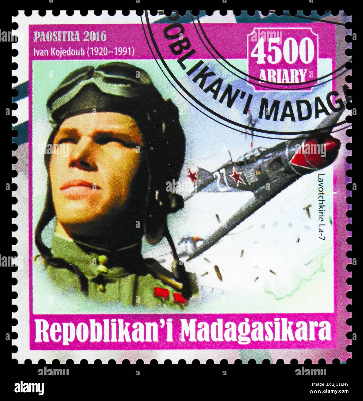 MOSCOW, RUSSIA - JUNE 17, 2022: Postage stamp printed in Madagascar shows Ivan Kozhedub, The aces of the second world war serie, circa 2016 Stock Photo