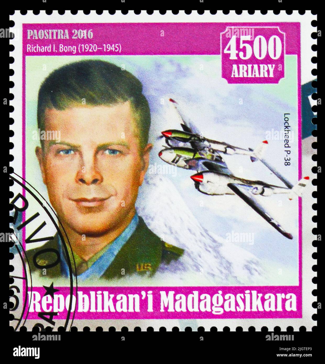 MOSCOW, RUSSIA - JUNE 17, 2022: Postage stamp printed in Madagascar shows Richard I. Bong, The aces of the second world war serie, circa 2016 Stock Photo