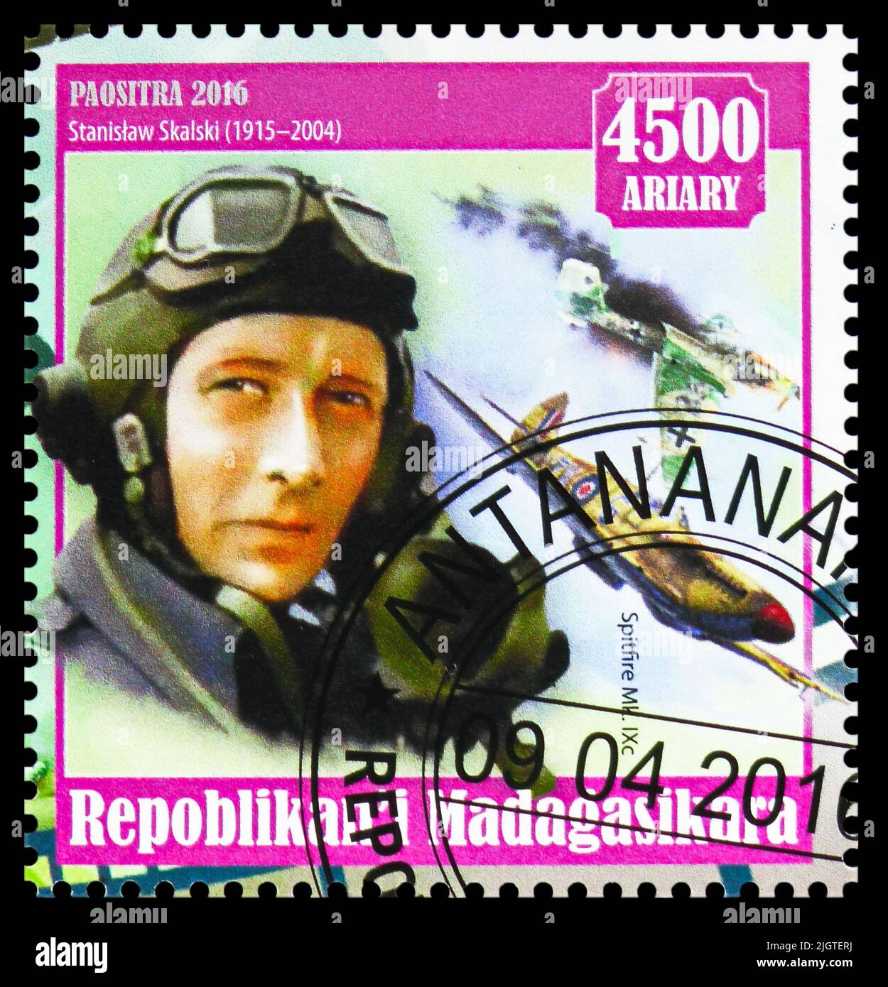 MOSCOW, RUSSIA - JUNE 17, 2022: Postage stamp printed in Madagascar shows Stanislav Skalsky, The aces of the second world war serie, circa 2016 Stock Photo