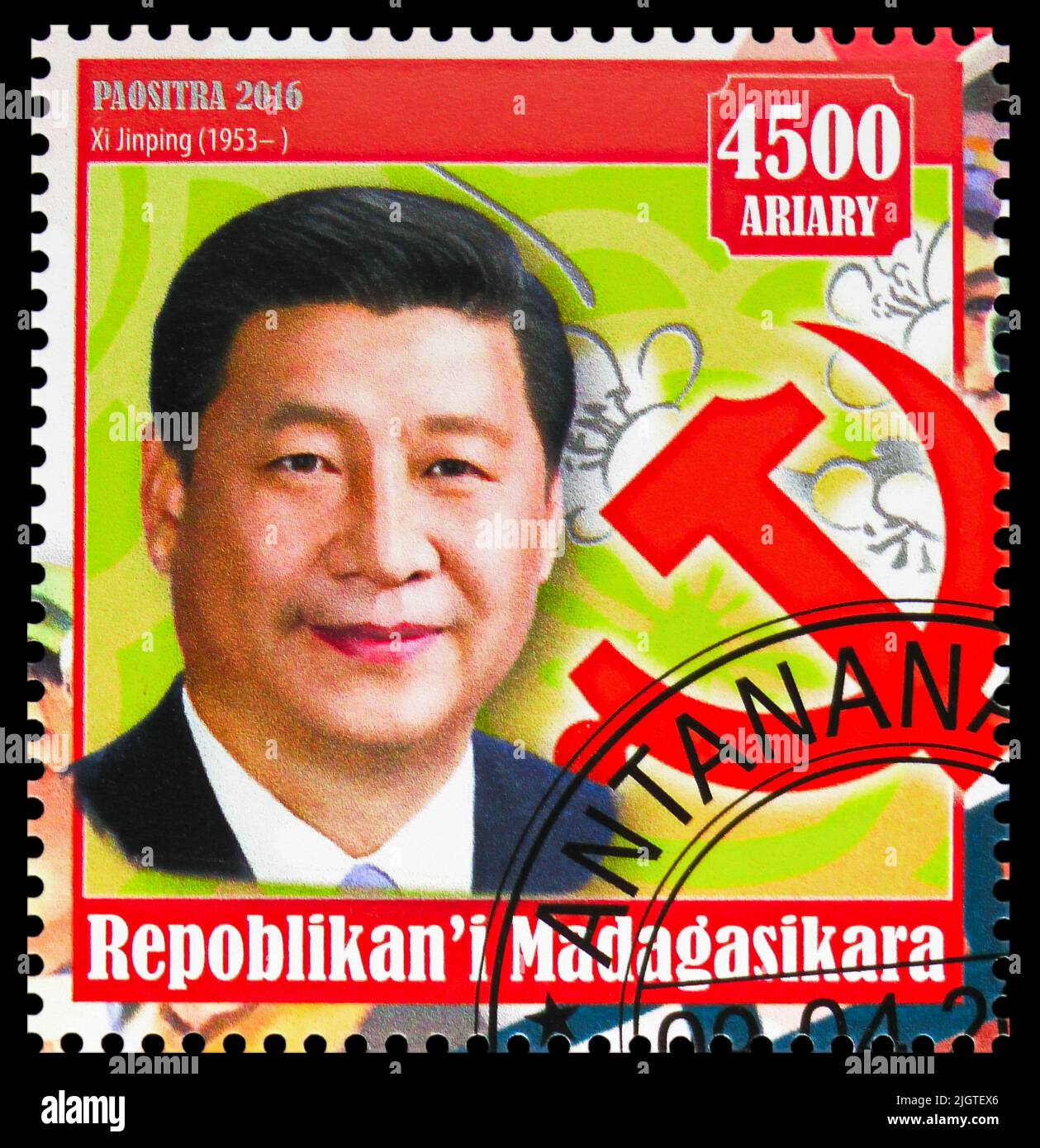 MOSCOW, RUSSIA - JUNE 17, 2022: Postage stamp printed in Madagascar shows Xi Jinping, Leaders of Republic of China serie, circa 2016 Stock Photo