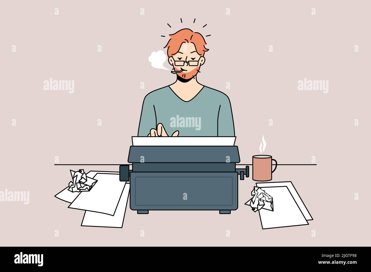 Man author typing on retro typewriter smoking cigarette. Concentrated typewriter working on vintage machine. Creative process concept. Vector illustration.  Stock Vector
