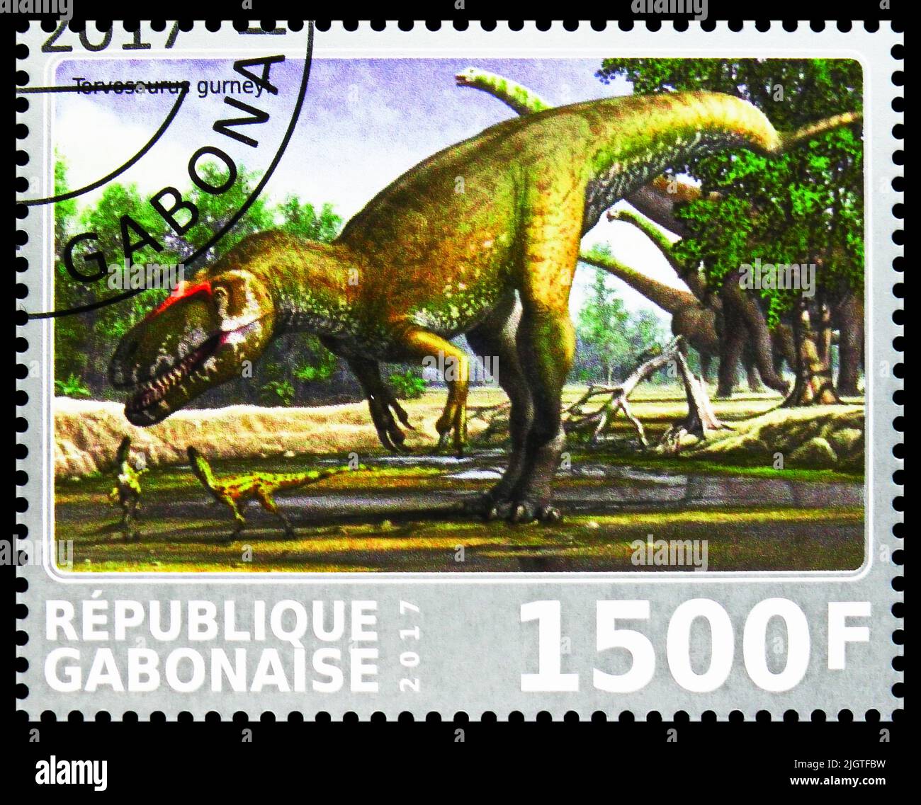 MOSCOW, RUSSIA - JUNE 17, 2022: Postage stamp printed in Gabon shows Torvosaurus tanneri, Dinosaurs serie, circa 2017 Stock Photo