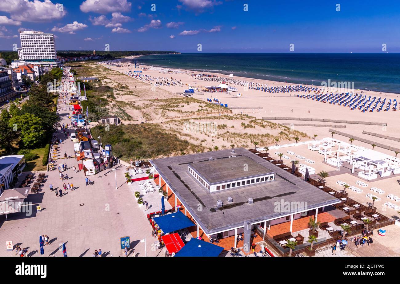 Rostock, Germany. 02nd July, 2022. Beach promenade, bathing beach and in the background the
