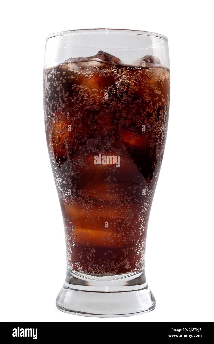 Cool glass of cola flavoured soda chilled with ice and condensation dewdrops dripping isolated on white background with clipping path cutout concept f Stock Photo