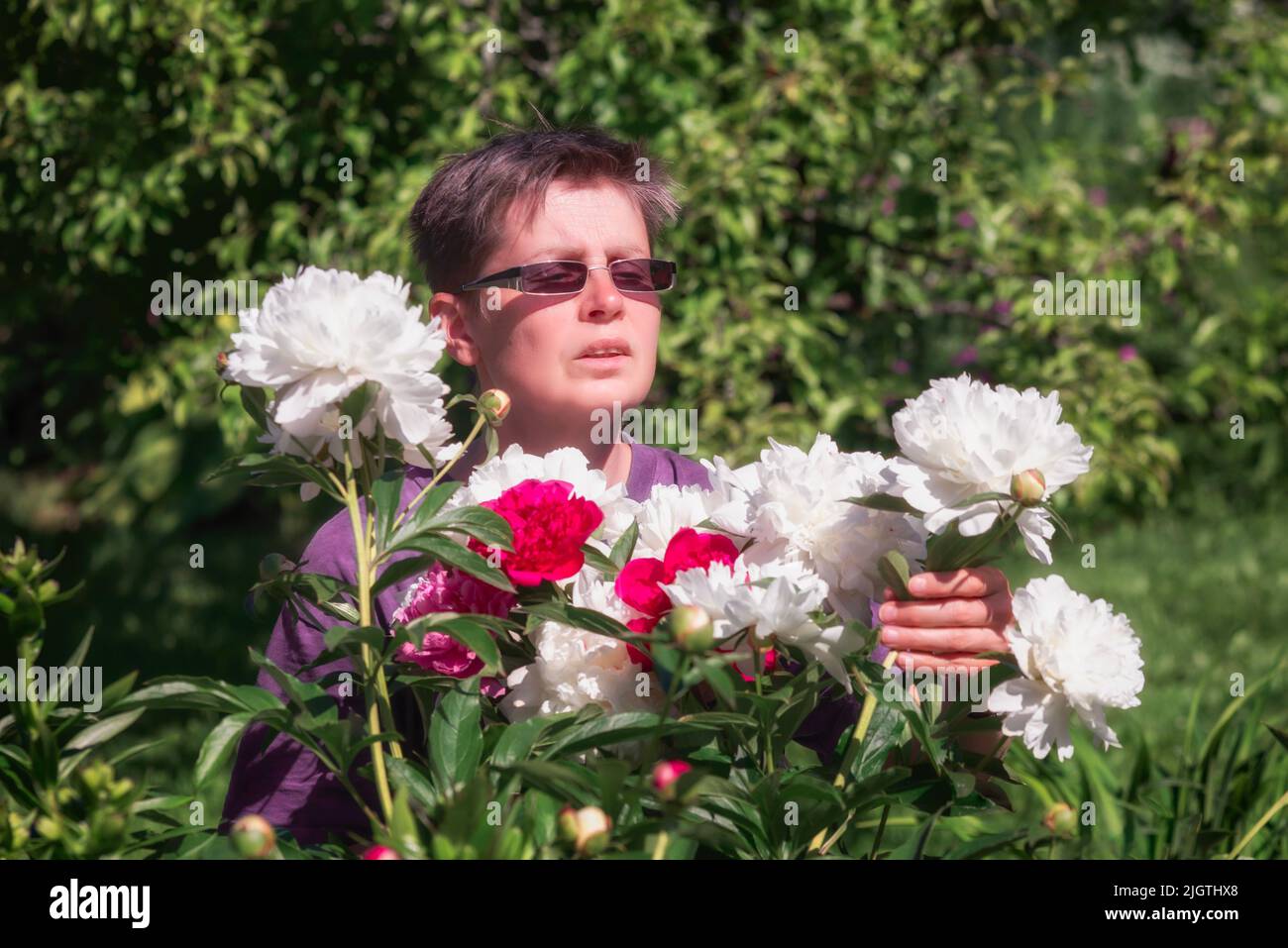 Woman in a garden with peonies collects a bouquet Stock Photo