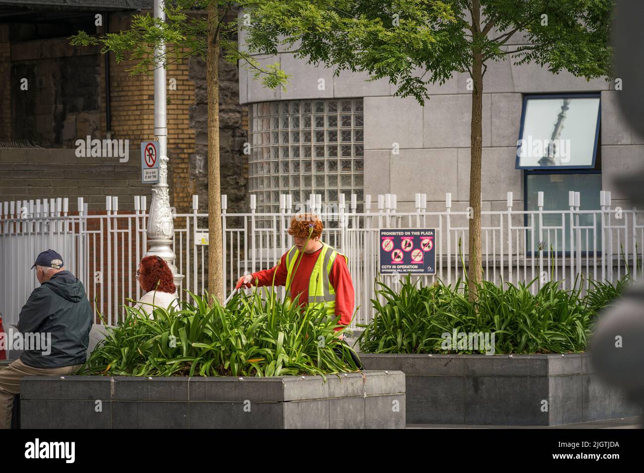 Young red-headed man, council worker, in hi-viz jacket with a litter picker. Dublin. Ireland. Stock Photo