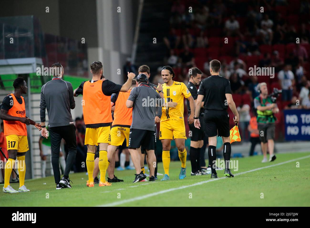 F91 Dudelange players celebrating a goal during the first round of UEFA Champions  League 2022-2023, football match between Kf Tirana and F91 Dudelang Stock  Photo - Alamy