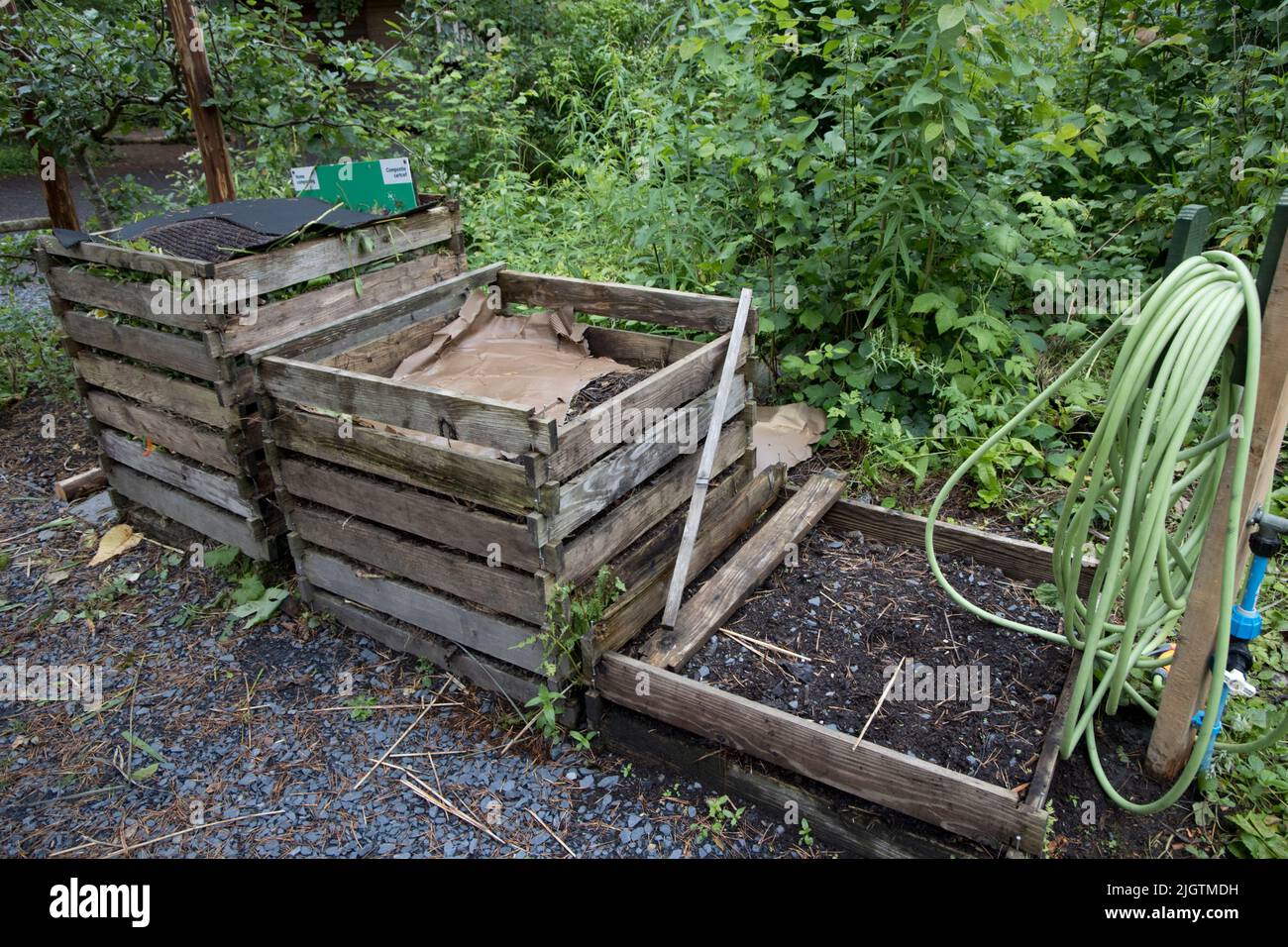 Three bin composting system made from pallets at the Centre for Alternative Technology (CAT)  Powys Wale Stock Photo