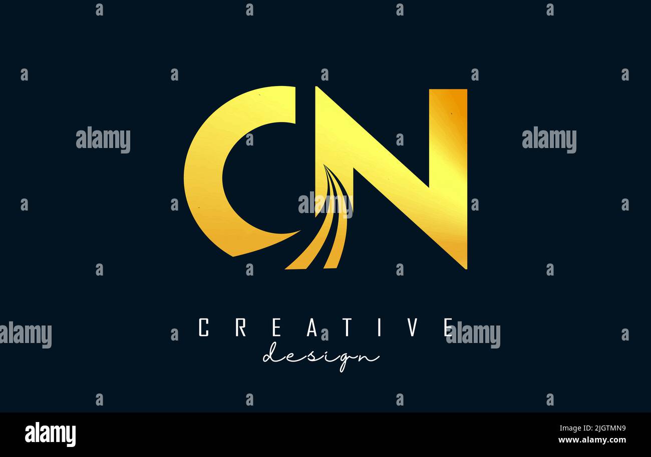 Creative golden letter CN c n logo with leading lines and road concept ...