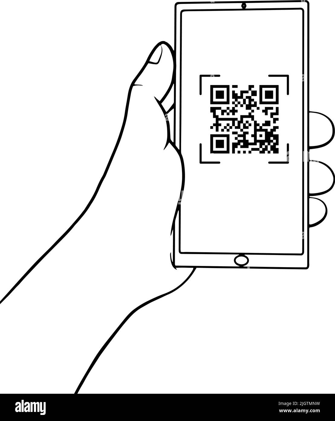 Hand holding a mobile phone with QR code on the screen. QR code scanning in smartphone in line style. Barcode scanner for pay, web, app, promo. Vector illustration. Stock Vector