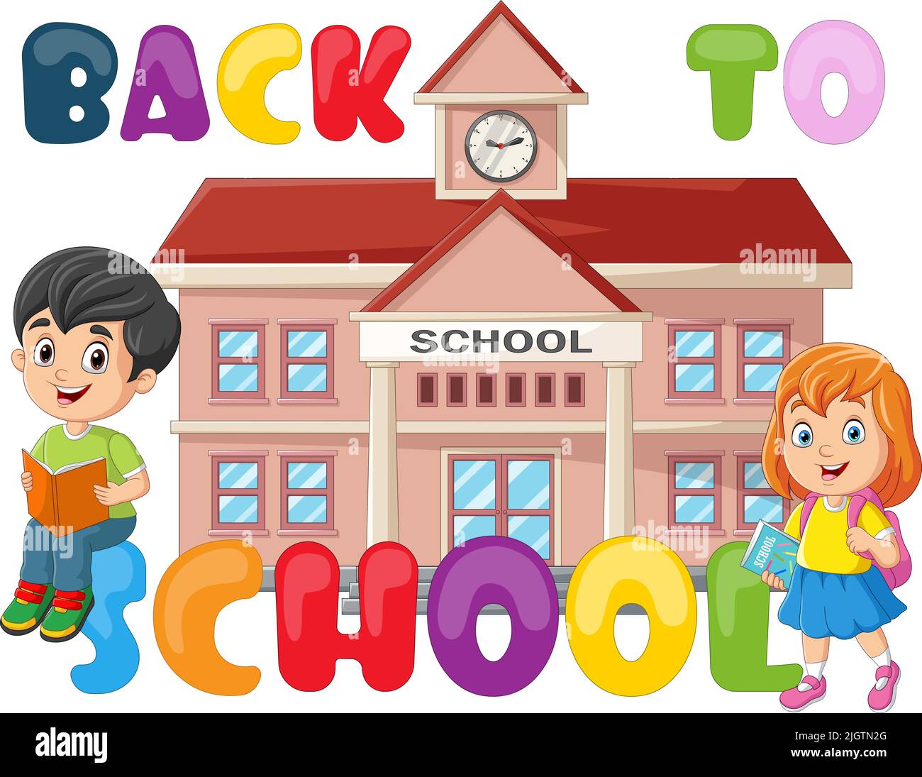 Back to school. Happy little kids with school building Stock Vector ...