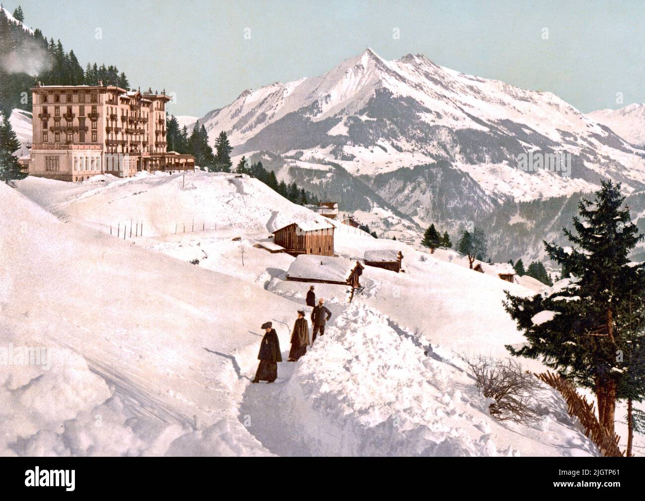 Grand Hotel and Chaussy in Winter, Leysin, Vaud, Switzerland 1890. Stock Photo